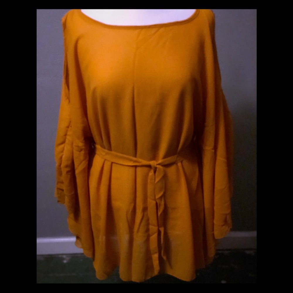 COLD SHOULDER RUFFLED SHEER BLOUSE WITH LINING. TUNIC LENGTH . - Picture 2 of 6
